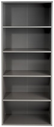 Graues Aktenregal mit fünf offenen Fächern, frontal betrachtet.