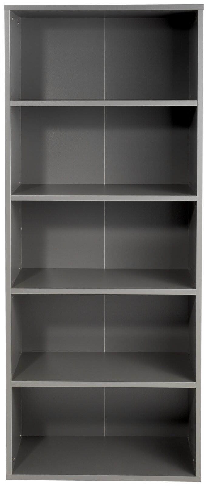 Graues Aktenregal mit fünf offenen Fächern, frontal betrachtet.