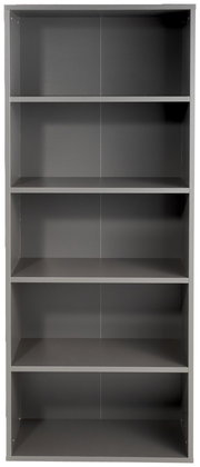 Graues Aktenregal mit fünf offenen Fächern, frontal betrachtet.