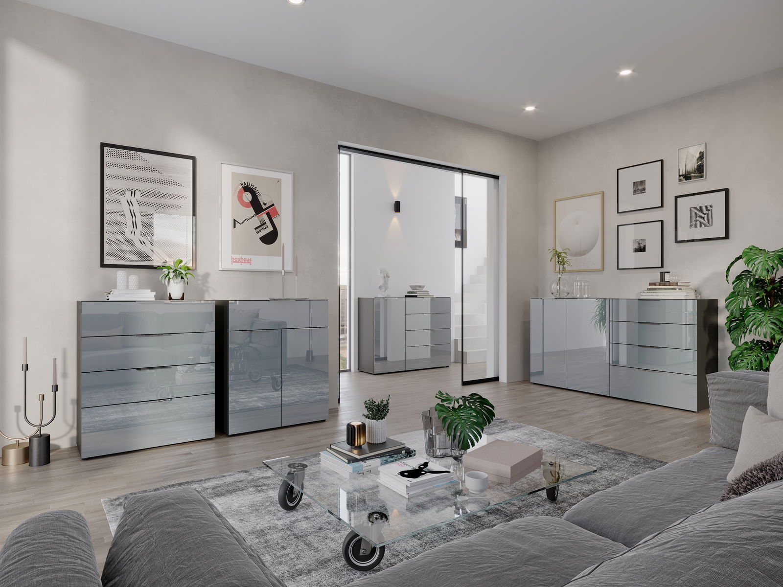 Moderne Wohnzimmeransicht mit mehreren glänzenden Kommoden und Sideboards in einem eleganten, minimalistischen Design. Perspektive von der Seite mit Blick auf die gesamte Raumgestaltung.