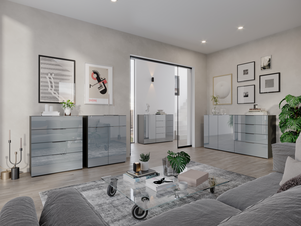 Moderne Wohnzimmeransicht mit mehreren glänzenden Kommoden und Sideboards in einem eleganten, minimalistischen Design. Perspektive von der Seite mit Blick auf die gesamte Raumgestaltung.