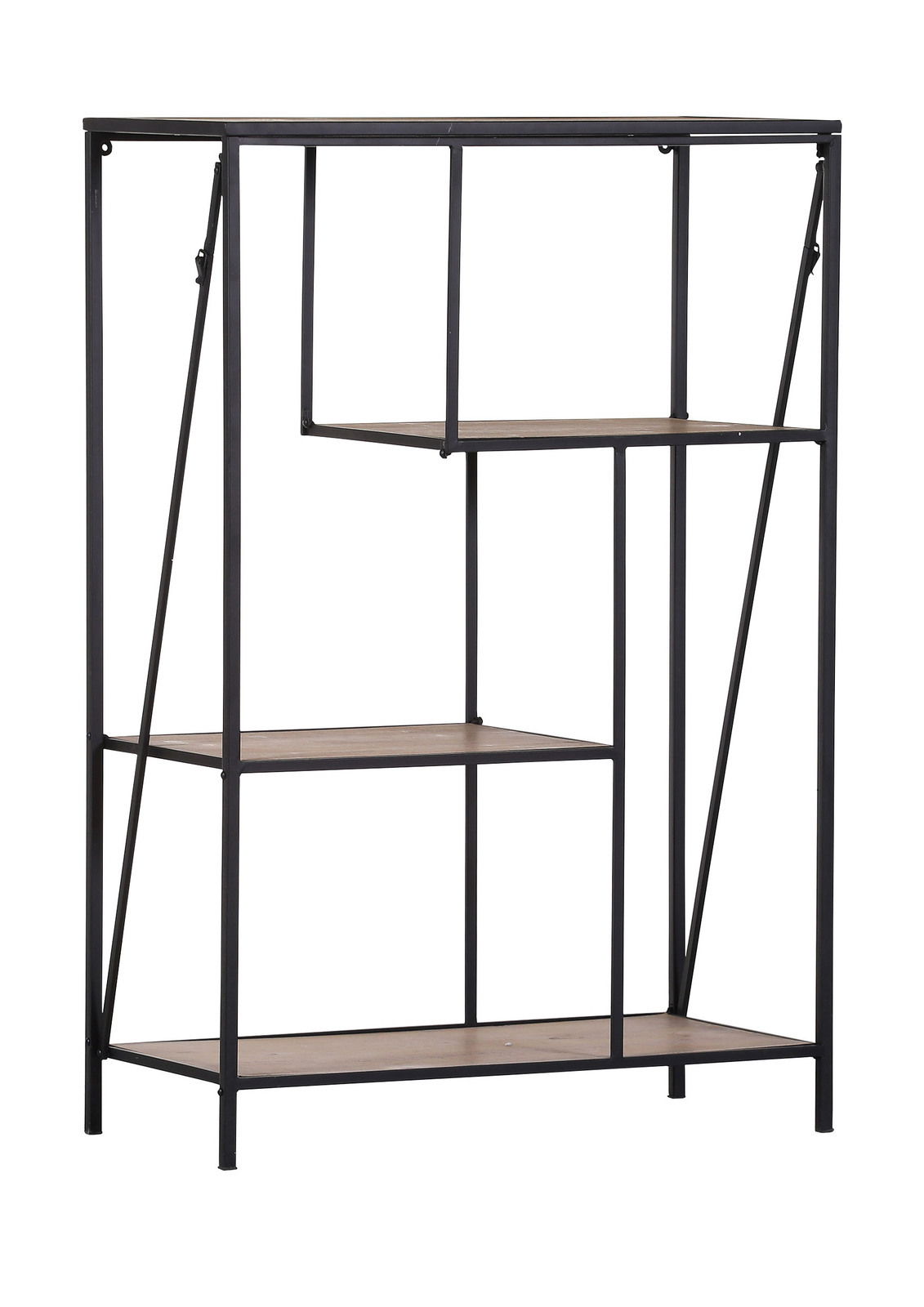 Modernes Regal mit schwarzem Metallrahmen und drei Holzböden, seitliche Perspektive