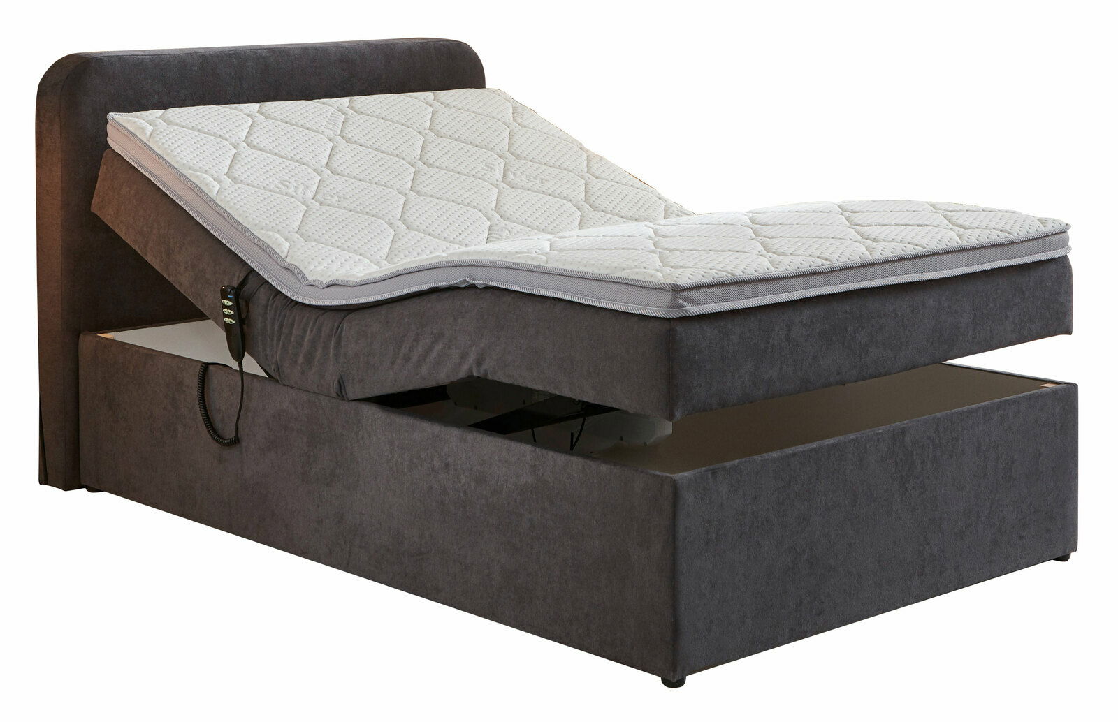 Boxbett der Serie ATHEN mit Motor, seitliche Perspektive, teilweise angehobene Matratze