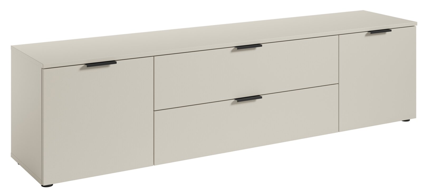 TV-lowboard in lichtbeige met drie lades en zwarte handgrepen, zijaanzicht