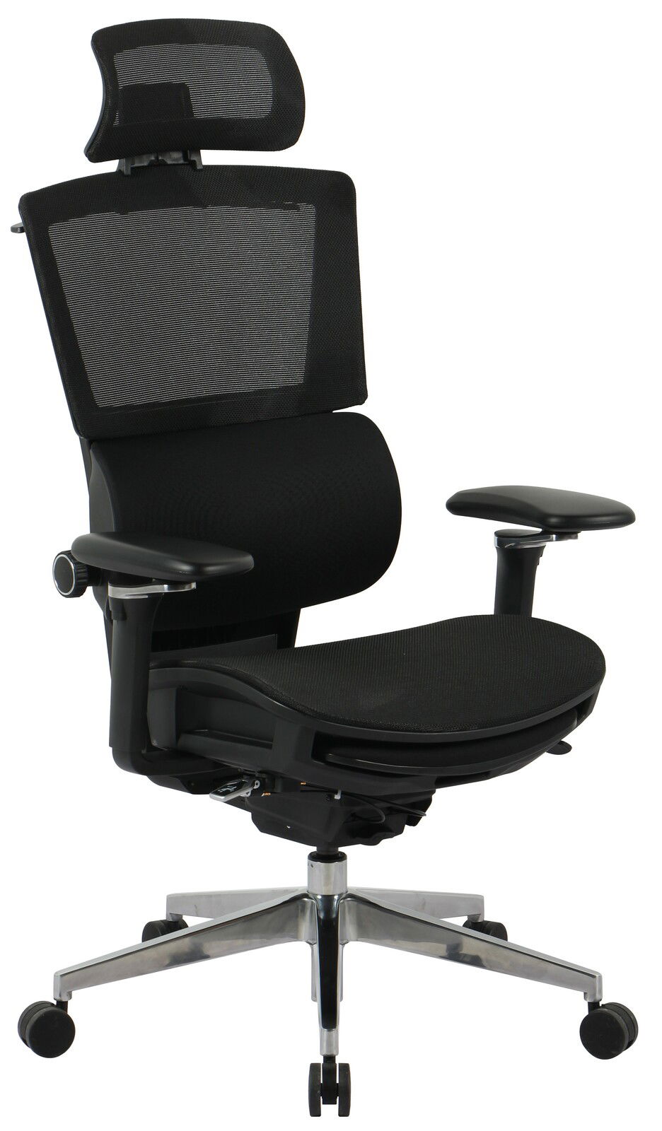 Moderner schwarzer Chefsessel mit Netzrückenlehne und verstellbaren Armlehnen, Vorderansicht