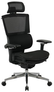 Moderner schwarzer Chefsessel mit Netzrückenlehne und verstellbaren Armlehnen, Vorderansicht