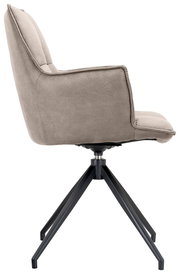 Moderner Sessel in Seitenansicht mit grauem Stoffbezug und schwarzem Metallgestell.