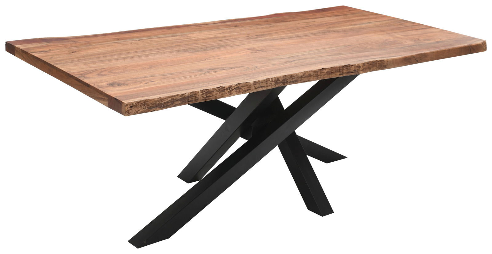 Moderner Esstisch mit Holzplatte und schwarzem Metallgestell, seitliche Perspektive