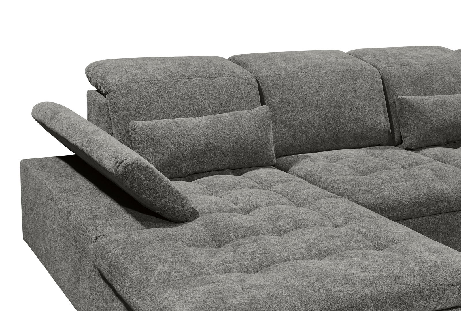 Graues Ecksofa mit verstellbarer Rückenlehne und Kissen, Perspektive von schräg oben.
