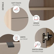 Detailansicht eines Schranks/Regals in Holzoptik mit Soft-Touch-Oberfläche, verstellbaren Einlegeböden, Metallgriffen und einstellbaren Metallscharnieren; gezeigt in mehreren Nahaufnahmen aus frontaler und seitlicher Perspektive.