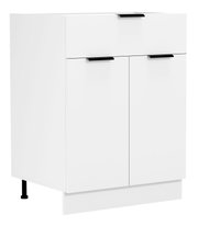 Weißer Schrank/Unterschrank mit glatten Fronten und schwarzen Griffleisten, freigestellt auf weißem Hintergrund, Ansicht schräg von vorn (leicht seitlich).