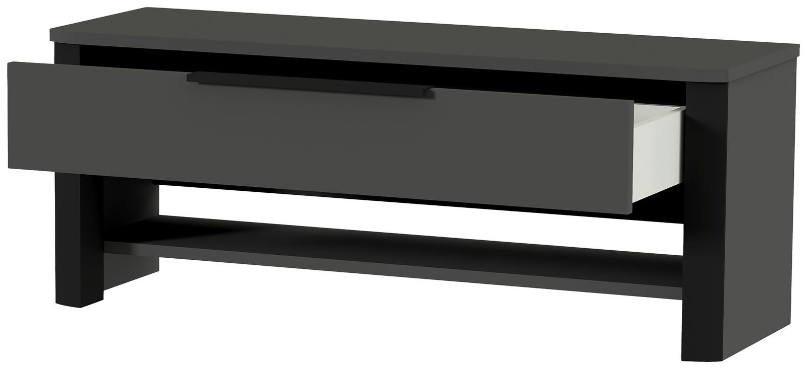 Schwarze Garderobenbank mit offener Schublade, seitliche Perspektive