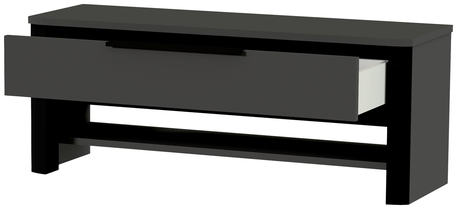 Schwarze Garderobenbank mit offener Schublade, seitliche Perspektive