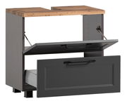 Waschbeckenunterschrank mit Holzplatte und zwei offenen Schubladen, seitliche Perspektive
