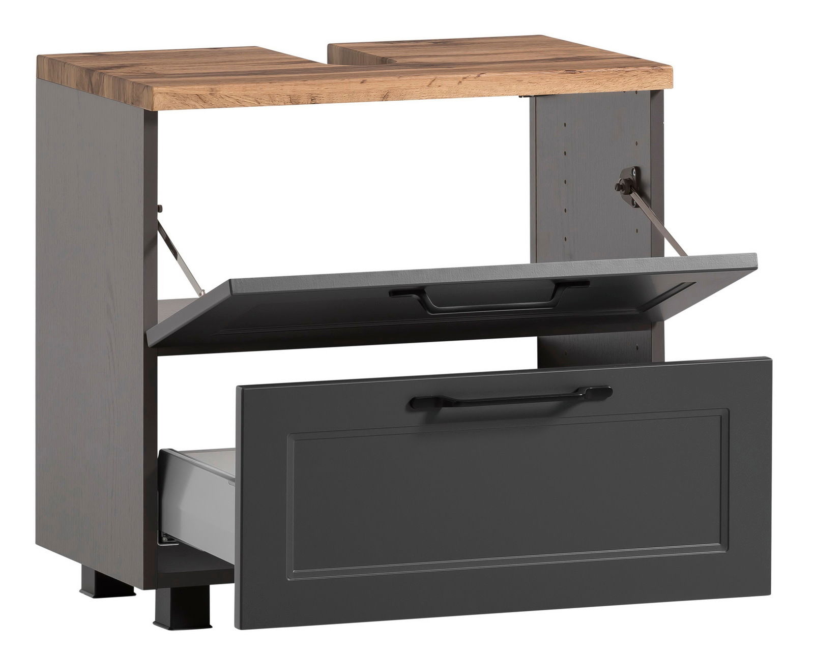 Waschbeckenunterschrank mit Holzplatte und zwei offenen Schubladen, seitliche Perspektive