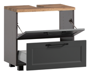 Waschbeckenunterschrank mit Holzplatte und zwei offenen Schubladen, seitliche Perspektive