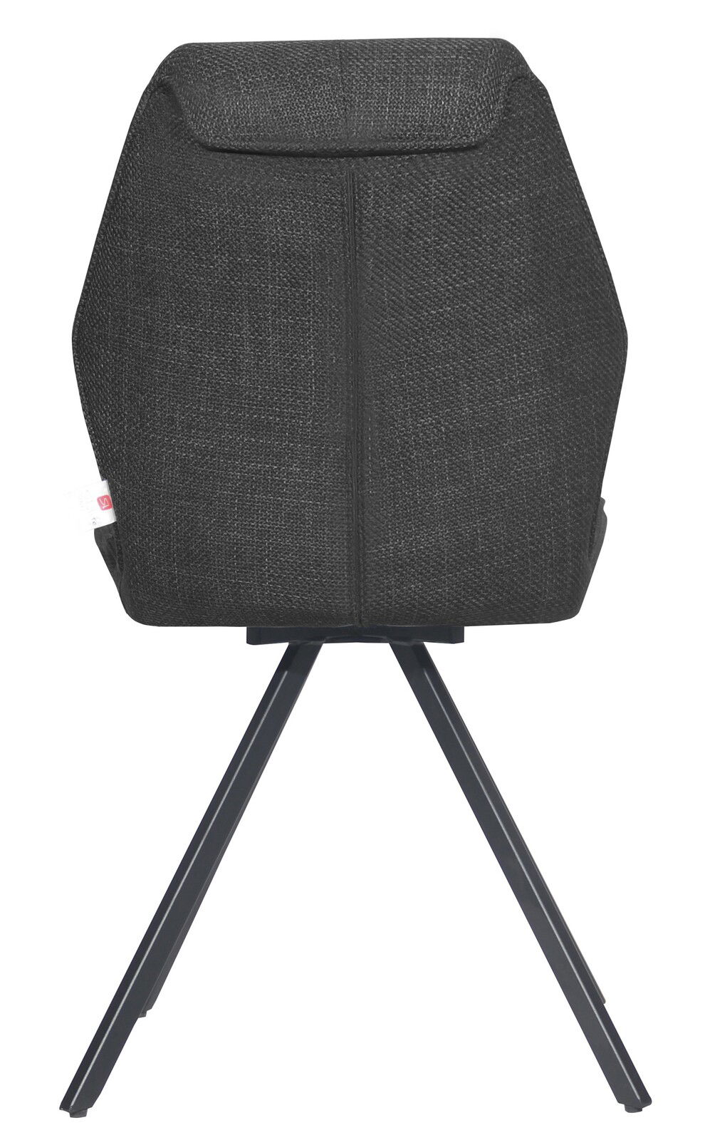 Rückansicht eines modernen Stuhls mit schwarzem Stoffbezug und Metallbeinen
