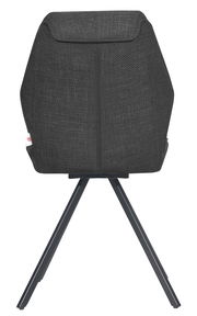 Rückansicht eines modernen Stuhls mit schwarzem Stoffbezug und Metallbeinen