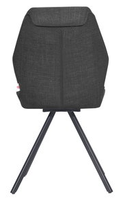 Rückansicht eines modernen Stuhls mit schwarzem Stoffbezug und Metallbeinen