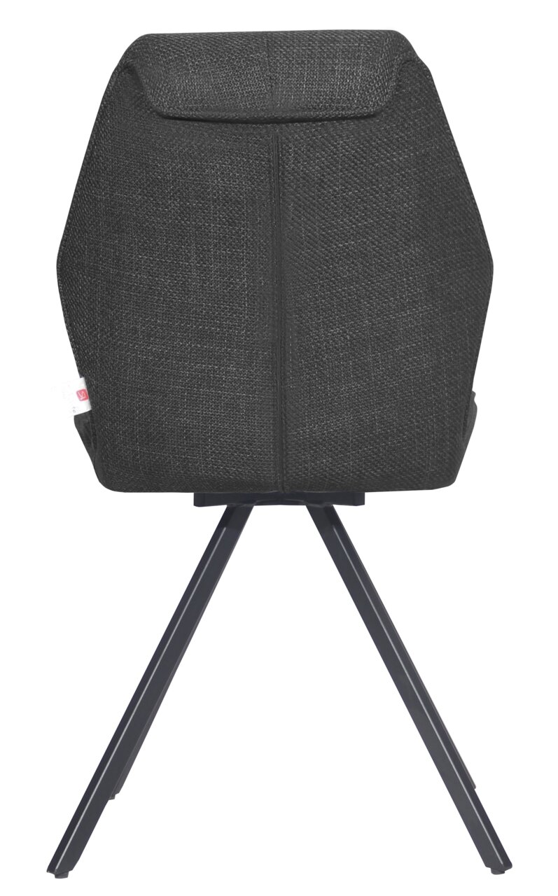 Rückansicht eines modernen Stuhls mit schwarzem Stoffbezug und Metallbeinen