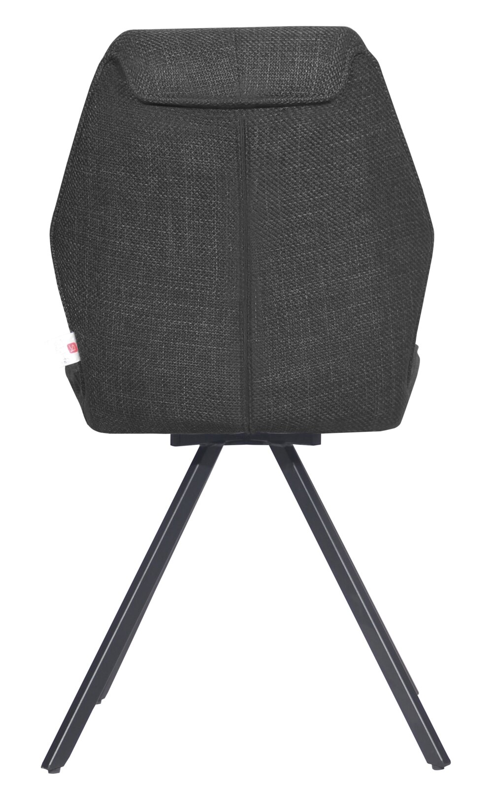 Achterkant van een moderne stoel met zwarte stoffen bekleding en metalen poten