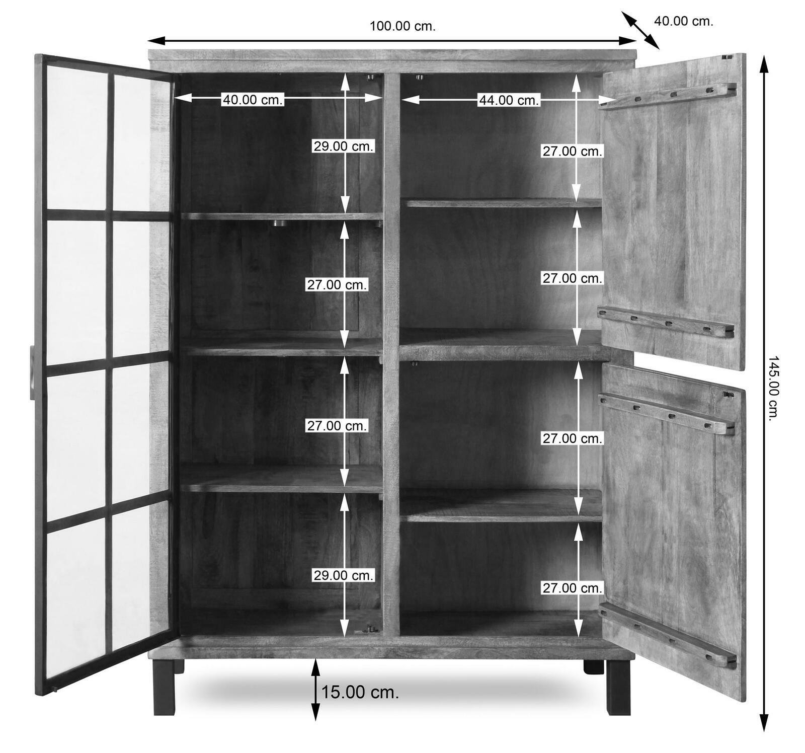 Highboard mit offenen Türen, zeigt mehrere Regalfächer, Perspektive von vorne