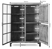 Highboard mit offenen Türen, zeigt mehrere Regalfächer, Perspektive von vorne