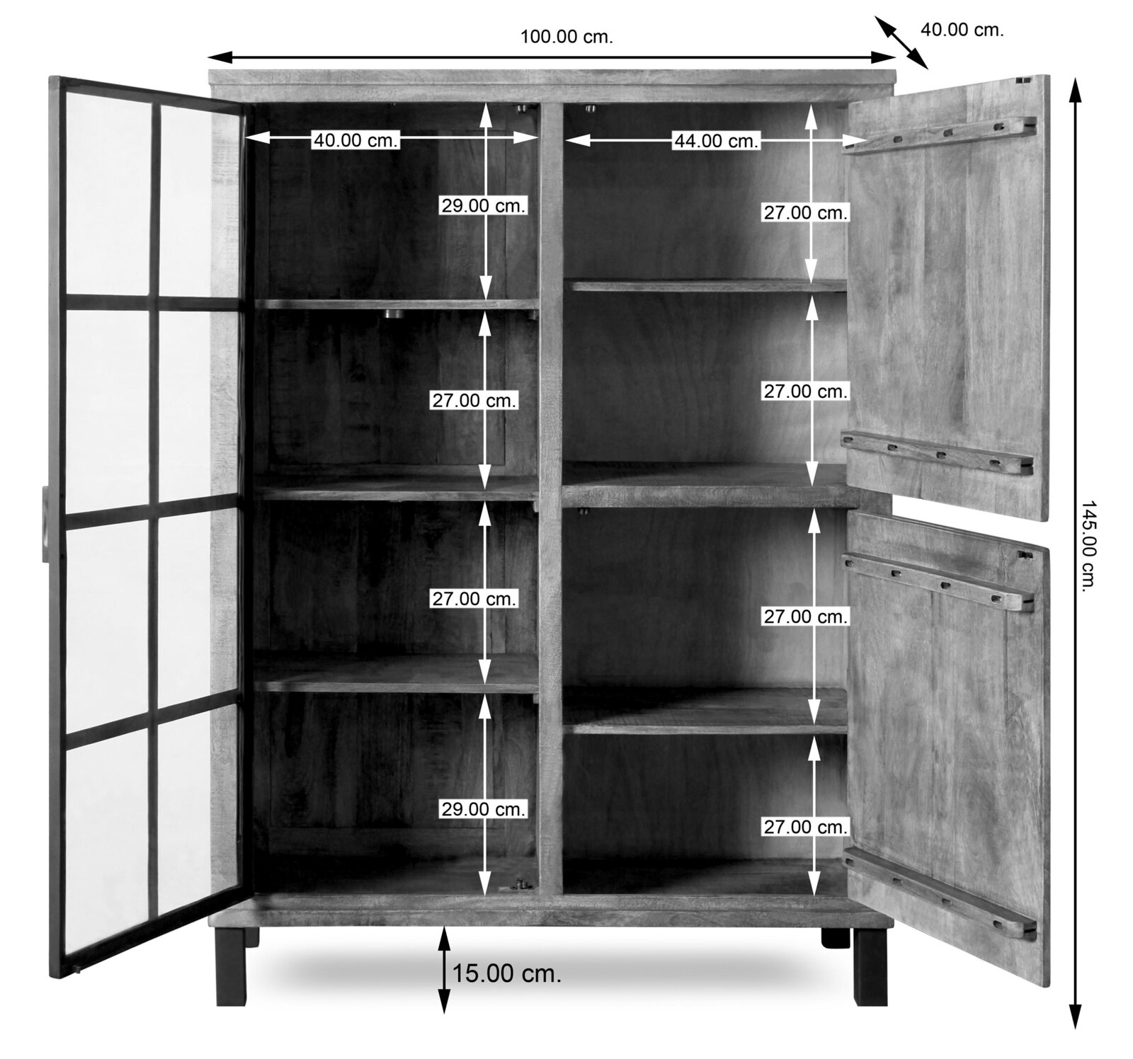 Highboard mit offenen Türen, zeigt mehrere Regalfächer, Perspektive von vorne