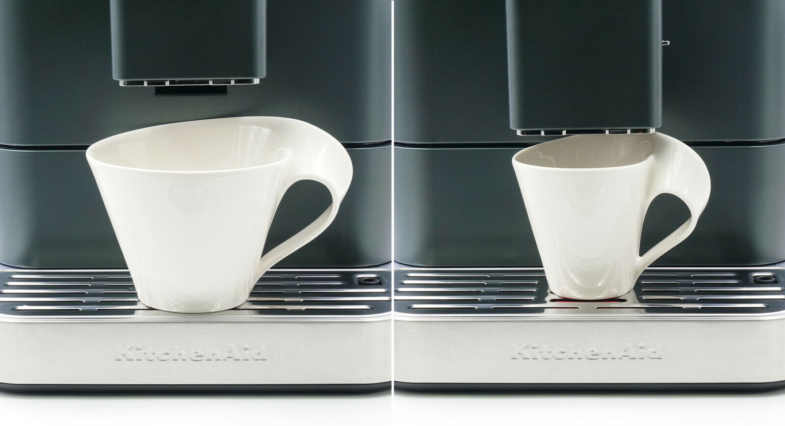 Frontansicht eines Kaffeevollautomaten mit einer weißen Tasse auf der Abtropfschale.