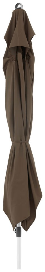 Geschlossener brauner Kurbelschirm aus seitlicher Perspektive