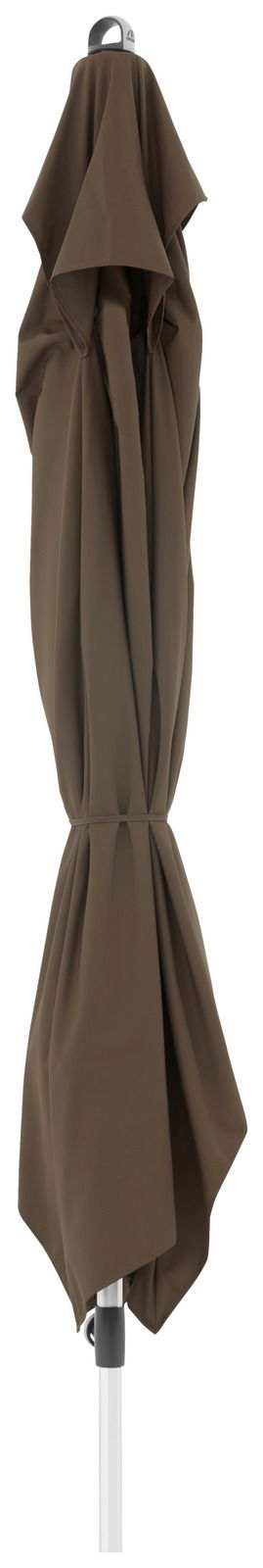 Geschlossener brauner Kurbelschirm aus seitlicher Perspektive