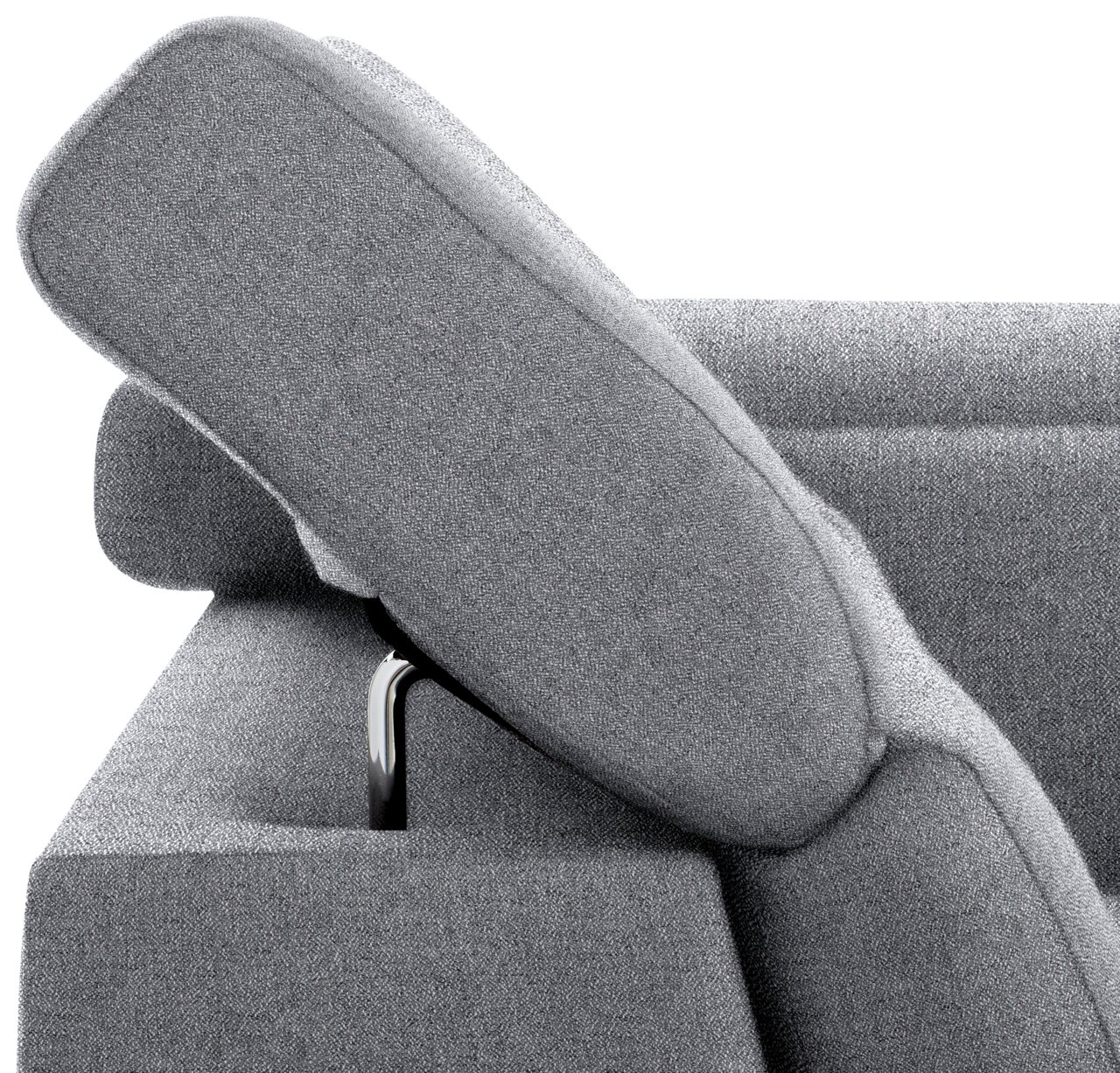Detailfoto van een grijze TIM-zithoek met verstelbare hoofdsteun en een modern ontwerp.