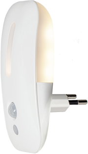 Weißes LED-Nachtlicht mit Bewegungsmelder und EU-Stecker, seitliche Ansicht in leichtem Winkel, warmweiß leuchtend