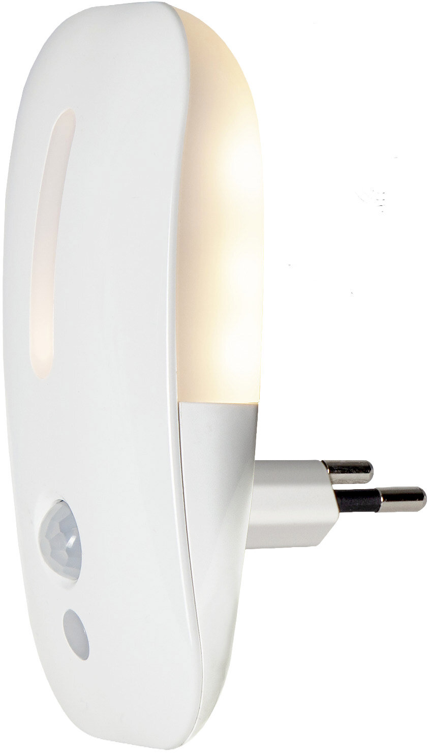 Weißes LED-Nachtlicht mit Bewegungsmelder und EU-Stecker, seitliche Ansicht in leichtem Winkel, warmweiß leuchtend