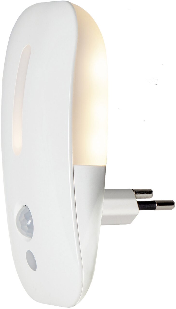 STAR TRADING LED-Nachtlicht FUNCTIONAL Weißes LED-Nachtlicht mit Bewegungsmelder und EU-Stecker, seitliche Ansicht in leichtem Winkel, warmweiß leuchtend