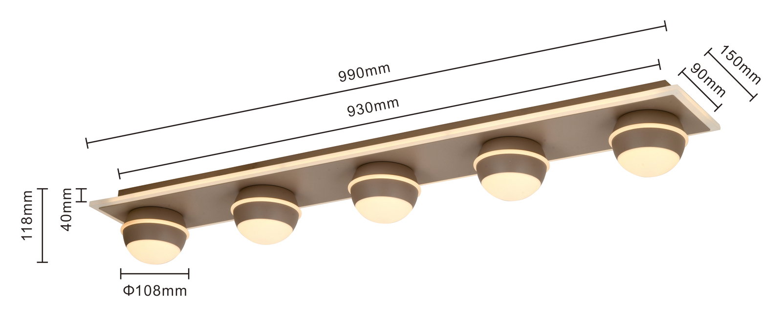 LED-Deckenleuchte mit fünf runden Leuchtkörpern, seitliche Perspektive, Maße: 990mm Länge, 150mm Breite, 118mm Höhe.