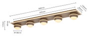 LED-Deckenleuchte mit fünf runden Leuchtkörpern, seitliche Perspektive, Maße: 990mm Länge, 150mm Breite, 118mm Höhe.