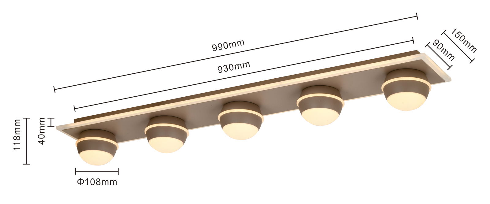 LED-Deckenleuchte mit fünf runden Leuchtkörpern, seitliche Perspektive, Maße: 990mm Länge, 150mm Breite, 118mm Höhe.