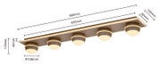 LED-plafondlamp met vijf ronde lampen, zijaanzicht, afmetingen: 990 mm lang, 150 mm breed, 118 mm hoog.