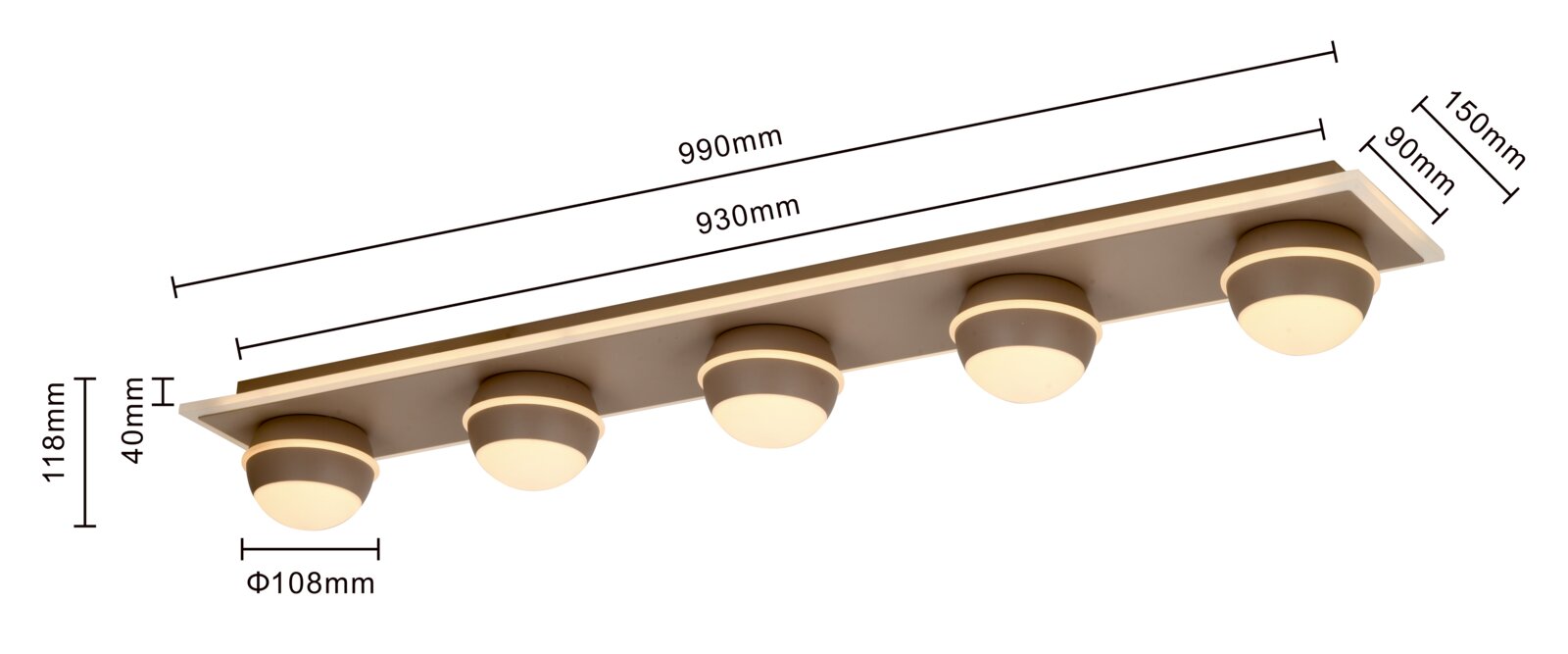 LED-plafondlamp met vijf ronde lampen, zijaanzicht, afmetingen: 990 mm lang, 150 mm breed, 118 mm hoog.