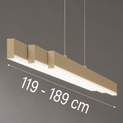 Moderne, längliche LED-Pendelleuchte in Gold/Beige mit weißem Diffusor, an zwei Seilabhängungen, Länge 119–189 cm, schräg von unten fotografiert.