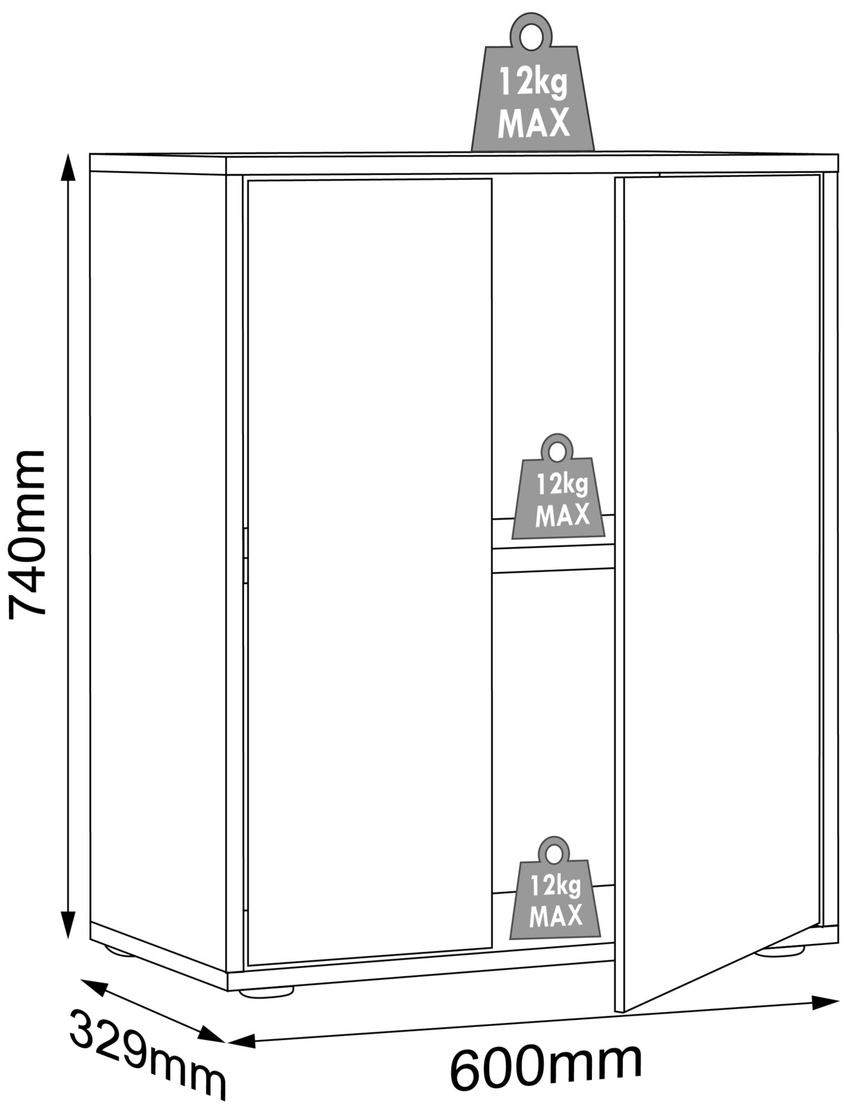 Schmaler zweitüriger Schrank mit zwei Innenböden, Maßangaben 740 mm Höhe, 600 mm Breite und 329 mm Tiefe sowie 12 kg max. Traglast pro Boden, dargestellt in schräger Frontansicht.