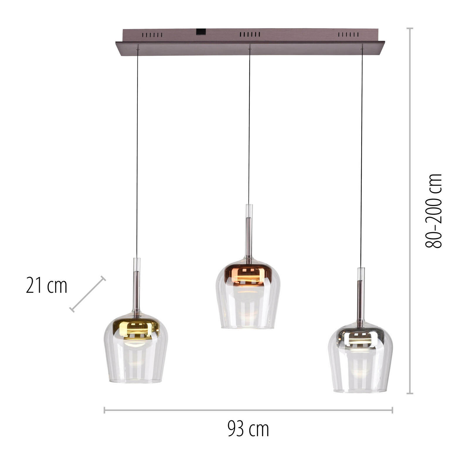 Moderne Pendelleuchte Q-KON mit drei hängenden Glaskörpern in verschiedenen Metalltönen, seitliche Ansicht.