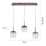 Moderne Pendelleuchte Q-KON mit drei hängenden Glaskörpern in verschiedenen Metalltönen, seitliche Ansicht.