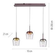 Moderne hanglamp Q-KON met drie hangende glazen elementen in verschillende metaaltinten, zijaanzicht.