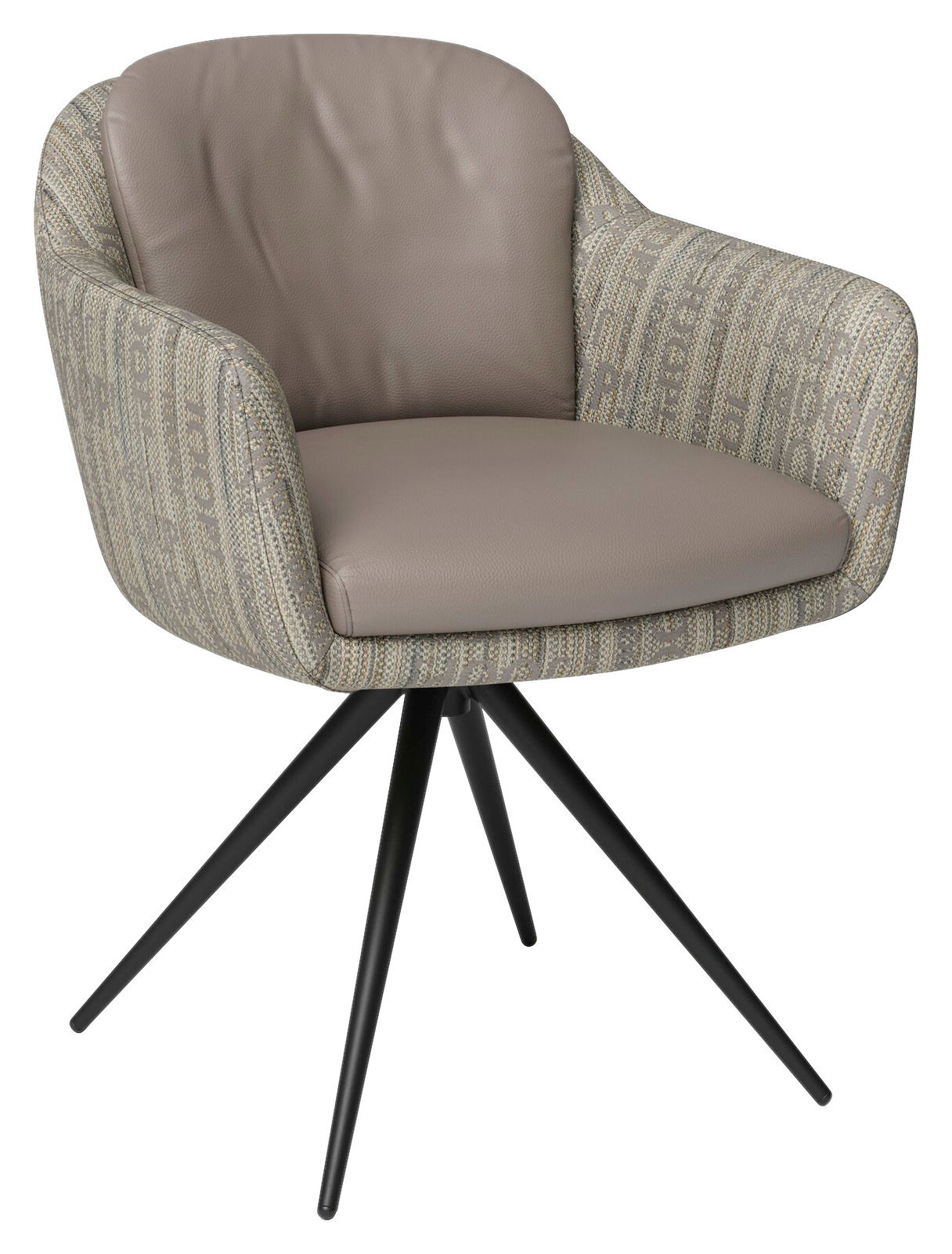 Moderner Armlehnstuhl mit gepolstertem Sitz und Rückenlehne in Beige, auf schwarzem Metallgestell, seitliche Perspektive