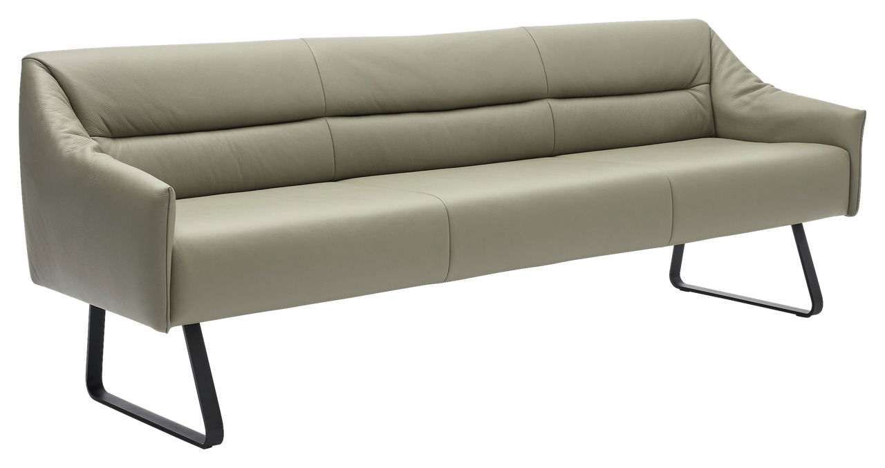 Musterring Sitzbank MR JUSTB! Moderne Sitzbank aus Leder in seitlicher Perspektive mit schwarzen Metallbeinen