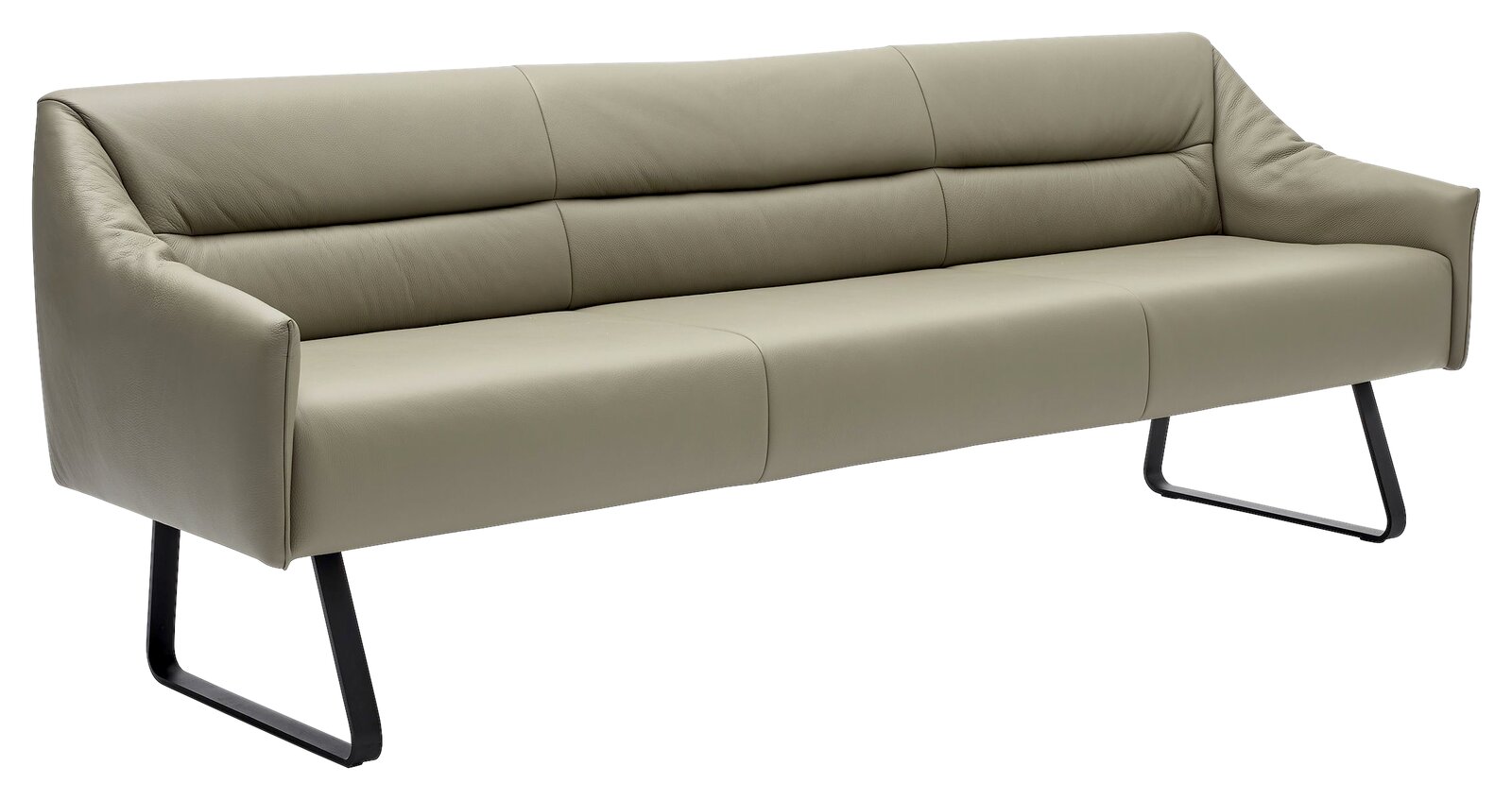 Musterring Sitzbank MR JUSTB! Moderne Sitzbank aus Leder in seitlicher Perspektive mit schwarzen Metallbeinen