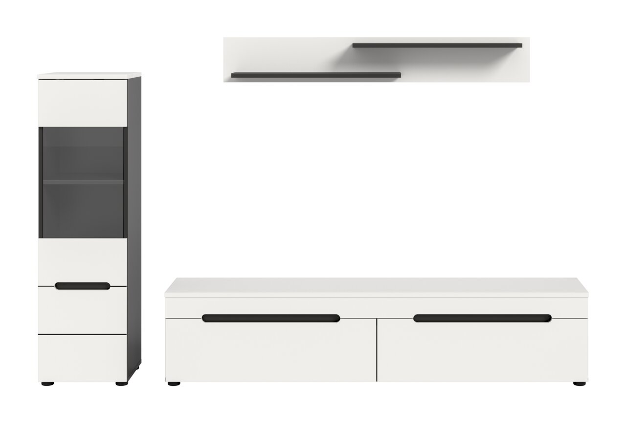 Modernes Wohnzimmermöbel-Set in Weiß mit schwarzen Griffleisten: hoher Vitrinenschrank mit Glasfront, niedriges TV-Lowboard mit zwei Türen und zwei Wandregalen, frontal in leichter Schrägansicht dargestellt