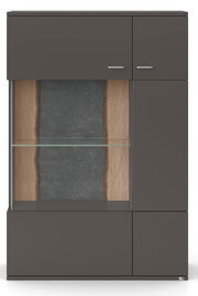 Frontansicht eines modernen Highboards mit dunkler Oberfläche, Glaseinsatz und Holzdetails.